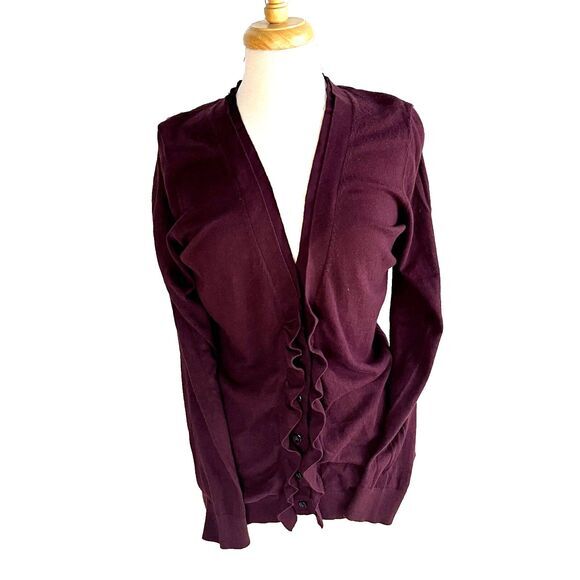 LOFT Cardigan  Sweater Women's L Burgundy Ruffled Button Down - Picture 10 of 10